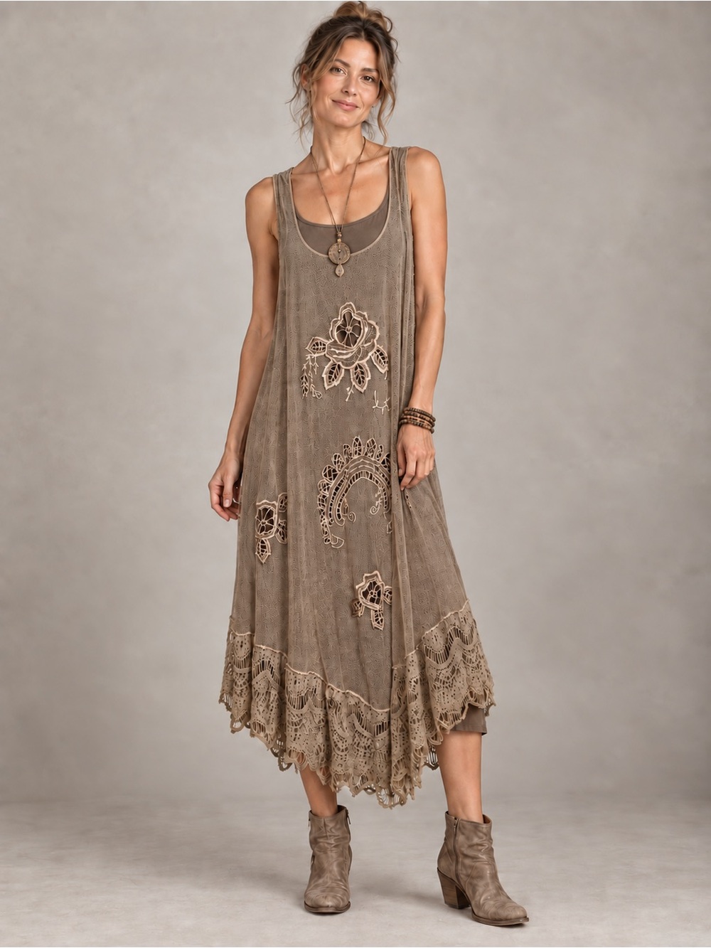 Homefrocks Silk Midi Dress Women’s Medium Lagenlook Embroidered Boho B2